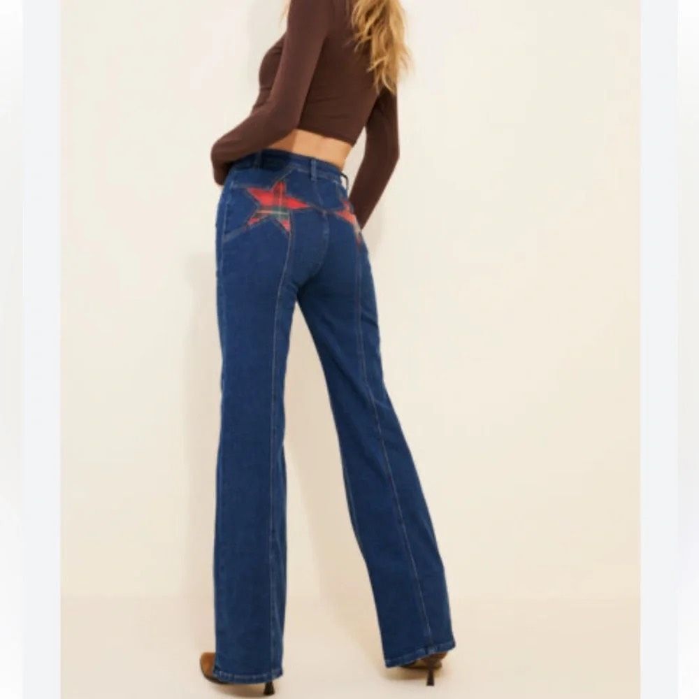 Free People Firecracker Jeans Holiday Tartan Stars Blue Plaid